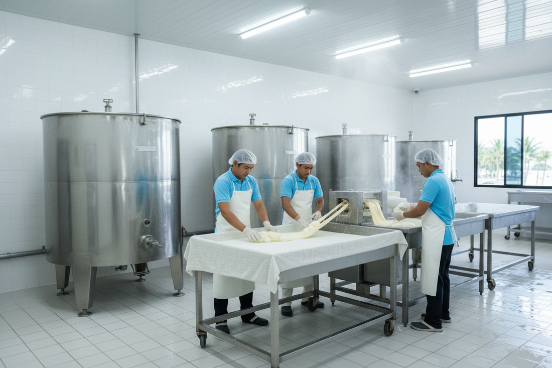 small medium fresh cheese manufacturer in Hua Hin Thailand wear light blue polo shirts with white apron and cap with white gloves making mozzarella cheese from cheese machine there are about 3 of 2 meter tall and wide stainless barrels for containing milk and a 2x3 meter stainless steel tray on a trolley for making cheese with white cloth 